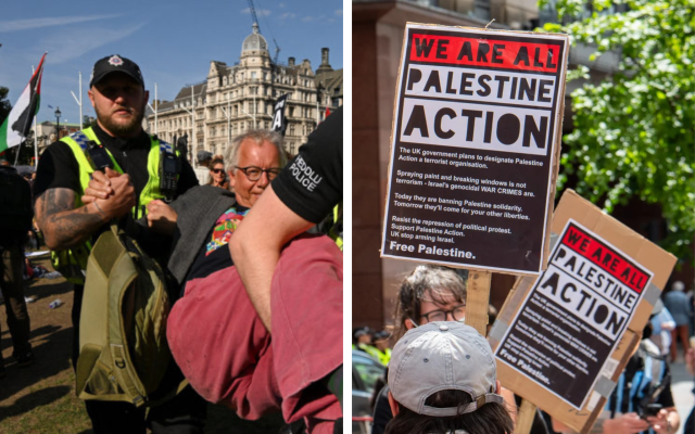 Police officers arresting a person who's supporting Palestine Action in London (Photo: Danica Kirka)