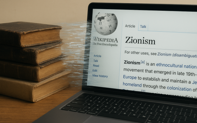 Books versus bytes: History preserved in records versus history falsified on Wikipedia—where edits don’t just distort the past, but fabricate reality. Image © Ivan Bassov, 2025. Licensed under CC BY 4.0.