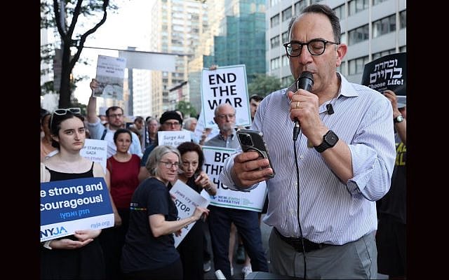 Rabbi Daniel Gropper speaks at a rally calling for aid to Gaza on July 28, 2025, in New York City. (Courtesy Harold Levine Photography)