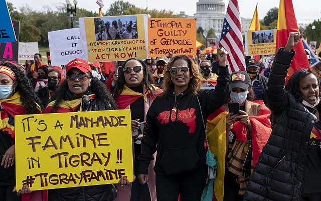 Memebers of the Tigrayan diaspora and their supporters march to mark one year since the start of the conflict in Tigray, the northernmost region in Ethiopia, at the US Capitol, November 4, 2021, in Washington. (AP Photo/ Gemunu Amarasinghe/ File)