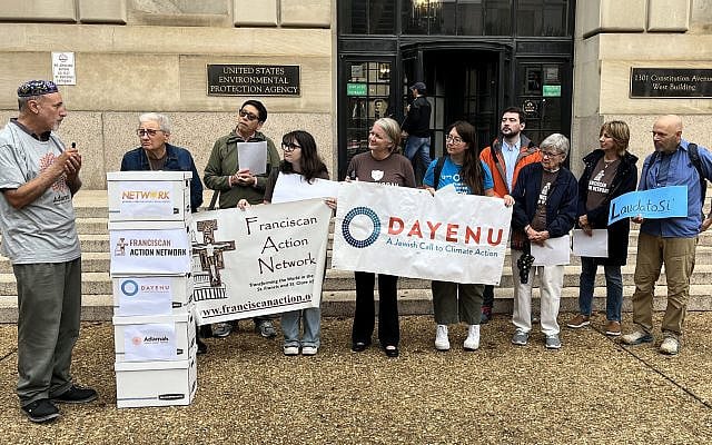 Dayenu joining an interfaith coalition delivering nearly 10,000 public comments to the EPA in protest of rescinding the Endangerment Finding. Photo courtesy of Dayenu.