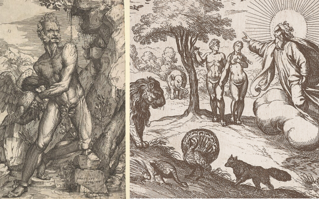 Prometheus (left), and God Forbidding Adam and Eve to Eat of the Tree of Knowledge (right)