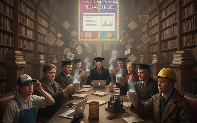 The Council of Pee-aych-dees, gathered in sacred contemplation of footnotes, coffee, and the occasional dissertation. Once a Pee-aych-dee, always a Pee-aych-dee. Image © Ivan Bassov, 2025. Licensed under CC BY 4.0. The Council of Pee-aych-dees, gathered in sacred contemplation of footnotes, coffee, and the occasional dissertation. Once a Pee-aych-dee, always a Pee-aych-dee. Image © Ivan Bassov, 2025. Licensed under CC BY 4.0.