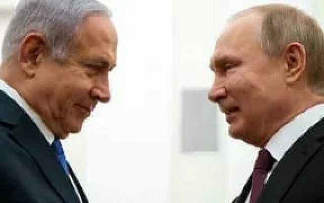 Russian President Vladimir Putin (right) meets with Prime Minister Benjamin Netanyahu at the Kremlin in Moscow on January 30, 2020. (Maxim Shemtov/ Pool/ AFP/ File)