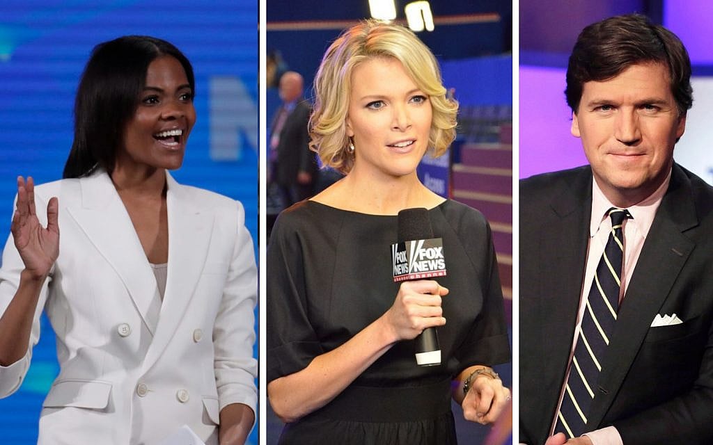 Candace Owens in 2019. (AP Photo/Michael Conroy); Megyn Kelly. (MattGagnon / Wikipedia); Tucker Carlson, March 2, 2017. (AP Photo/Richard Drew, File)