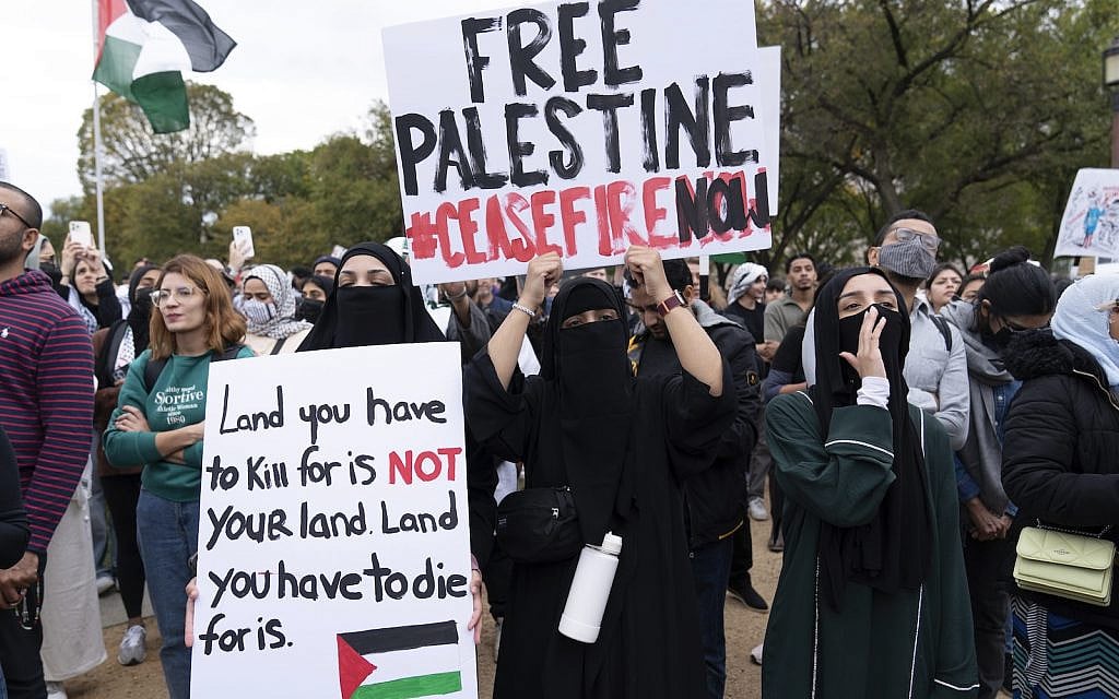 People rally at the National Mall during an anti-Israel demonstration in Washington, Friday, Oct. 20, 2023. (AP Photo/Jose Luis Magana)