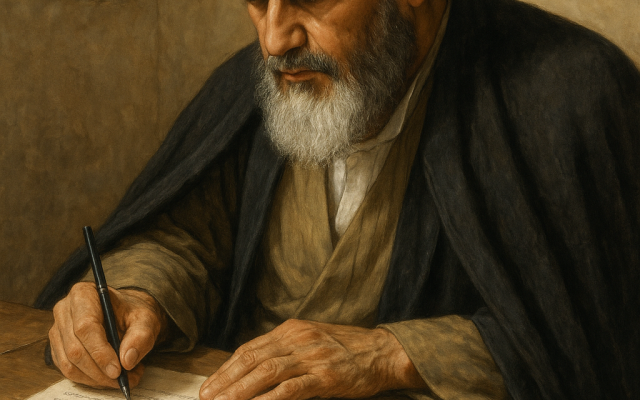 An artistic imagining of the moment Kashf al-Asrar (‘Uncovering of Secrets’) was being written — capturing the intensity, conviction, and theological depth behind one of the most influential ideological works of the modern Middle East. An artistic imagining of the moment Kashf al-Asrar (‘Uncovering of Secrets’) was being written — capturing the intensity, conviction, and theological depth behind one of the most influential ideological works of the modern Middle East.