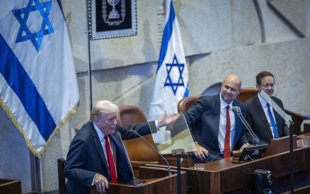 US President Donald Trump speaks during a special plenum session held in his honor at the Knesset in Jerusalem, on October 13, 2025. (Yonatan Sindel/Flash90) US President Donald Trump speaks during a special plenum session held in his honor at the Knesset in Jerusalem, on October 13, 2025. (Yonatan Sindel/Flash90)