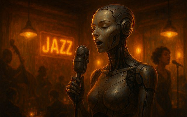 A warmly lit jazz bar at night with a cozy, vintage atmosphere. In the foreground, a female humanoid robot stands at a classic microphone, her metallic skin softly glowing in the amber light. She appears deeply immersed in singing, eyes closed, conveying emotion despite her mechanical form. Behind her, a blurred jazz band and background singer perform under hanging lamps and a glowing neon sign reading “JAZZ.” The overall mood is intimate, soulful, and cinematic, blending human warmth with futuristic elegance. (OpenAI © This image is free for commercial or non-commercial use.)