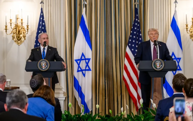 U.S. president Donald Trump and Israeli prime minister Benjamin Netanyahu  held a joint press conference at the White House.. Source: The White House