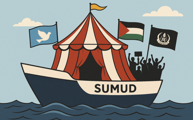 (Illustration made by the author using AI — a satirical depiction of the Global SUMUD flotilla as a circus ship.)