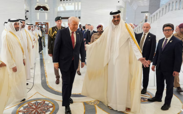 Qatar's Emir Sheikh Tamim bin Hamad Al Thani welcomes President Donald Trump in Doha, Qatar, May 14, 2025.  (Alex Brandon/AP)