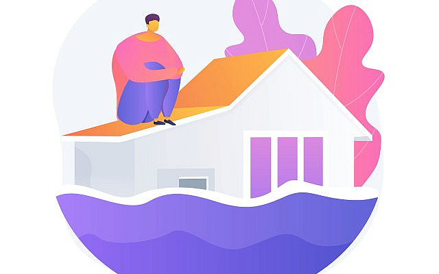 A person waits on the roof for the flood to pass. vectorjuice Freepik
