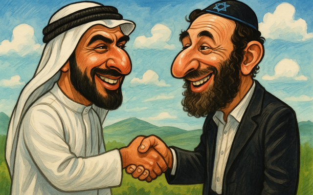 A vibrant caricature portraying an Arab and a Jew warmly shaking hands against a lush, scenic backdrop – symbolizing shared heritage, unity, and the enduring bond between two Semitic peoples. (AI-generated) A vibrant caricature portraying an Arab and a Jew warmly shaking hands against a lush, scenic backdrop – symbolizing shared heritage, unity, and the enduring bond between two Semitic peoples. (AI-generated)