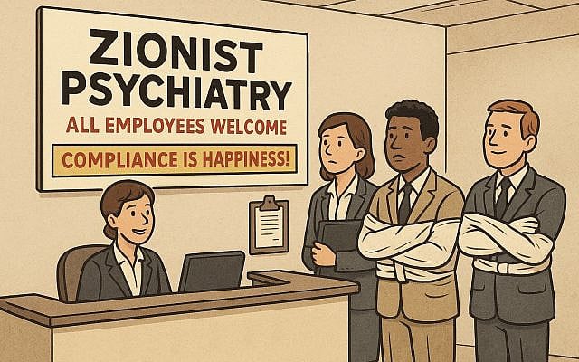 Oracle’s latest “HR initiative”: Zionist Psychiatry, where compliance is happiness and every employee is a client. Image © Ivan Bassov, 2025. Licensed under CC BY 4.0.
