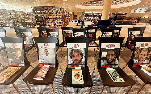 Hostage chairs at the National Library of Israel in Jerusalem, October 9, 2025. (Courtesy)