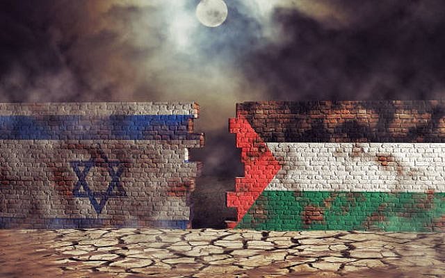 Flags of Palestine and Israel painted on cracked wall. Palestinian conflict concept. 3D illustration