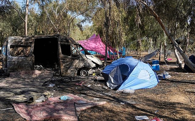 The site of the Supernova music festival near the border with the Gaza Strip in southern Israel, on October 12, 2023. At least 360 Israeli festival-goers were killed during the assault by Hamas terrorists on October 7. (Ohad Zwigenberg/ AP)