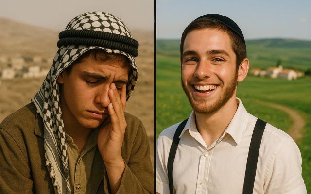 Two faces of 1948 – one smiles at a homeland gained, the other weeps for a homeland lost. (AI-generated)