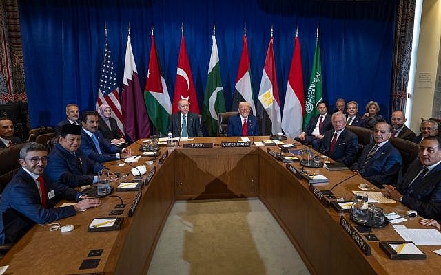 President Donald Trump participates in a multilateral meeting with Emir of Qatar Sheikh Tamim bin Hamad Al Thani, King Abdullah II of Jordan, Turkish President Tayyip Erdogan, Prime Minister Shehbaz Sharif of Pakistan, Indonesian Foreign Minister Sugiono, Egyptian Prime Minister Mostafa Madbouly, United Arab Emirates Deputy Prime Minister Sheikh Abdullah bin Zayed Al Nahayan, and Saudi Foreign Minister Prince Faisal bin Farhan Al Saud at the United Nations Headquarters in New York City, Tuesday, September 2 (Picture Source: The white House)