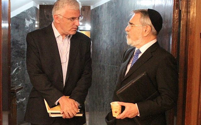 Daniel Taub (left) and Rabbi Sacks at the Jerusalem launch of Not In God's Name in 2016 (Photo: Eliana Bluestone)