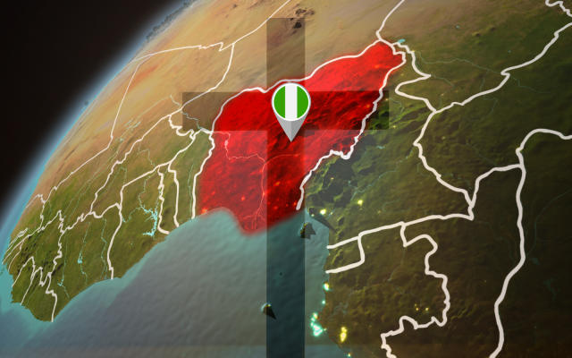 A symbolic map of Nigeria marked in red beneath a cross, representing the persecution and killing of Christians. (Designed in Canva by the author.)
