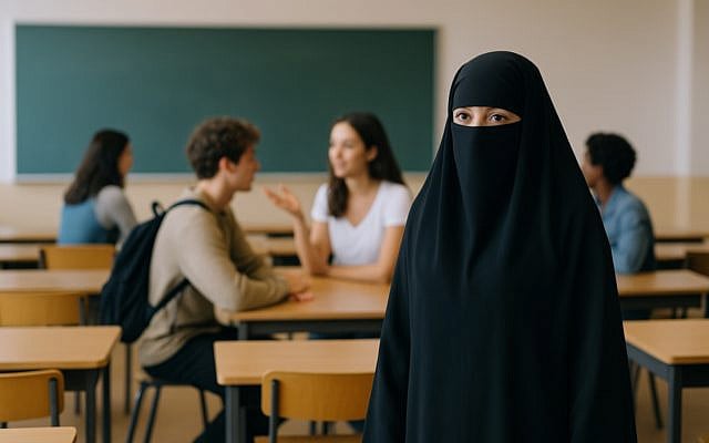 AI-generated image; a niqab-wearing student standing in a classroom, with classmates in the background