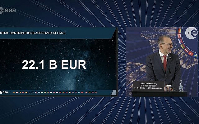 The image included in this article was captured from the official ESA live stream. At the center is ESA Director General Josef Aschbacher presenting the newly approved €22.1 billion budget. To his right stands Germany’s Minister for Science, Technology and Space, representing the host nation. To his left stands Italy’s Minister of Science, who chaired the Ministerial Council.