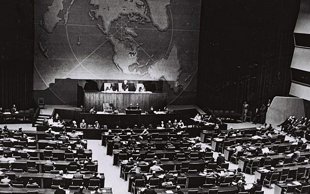 The UN votes on partition, November 29, 1947. (courtesy. Government Press Office, Jerusalem)