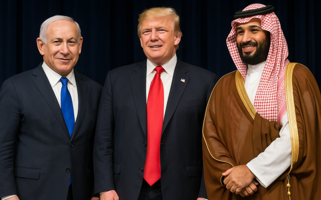 Illustration: Composite image of (from left) Israeli Prime Minister Benjamin Netanyahu, former U.S. President Donald Trump, and Saudi Crown Prince Mohammed bin Salman. Image generated for illustrative purposes only.(Credit:AI-generated composite illustration). Illustration: Composite image of (from left) Israeli Prime Minister Benjamin Netanyahu, former U.S. President Donald Trump, and Saudi Crown Prince Mohammed bin Salman. Image generated for illustrative purposes only.(Credit:AI-generated composite illustration).