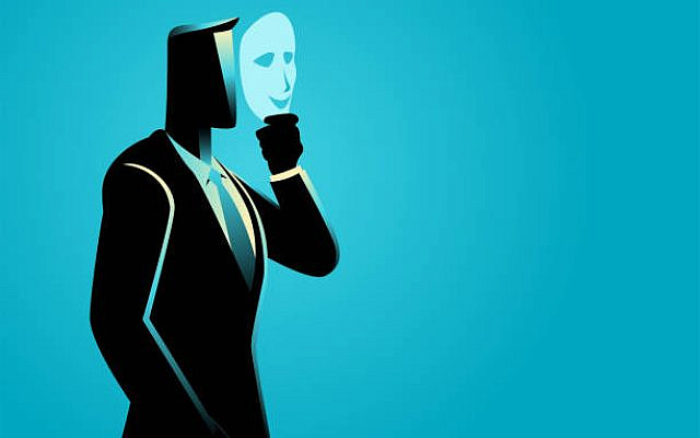Business concept illustration of businessman wearing smiling face mask, dissemblance, pretend, falsity concept Business concept illustration of businessman wearing smiling face mask, dissemblance, pretend, falsity concept