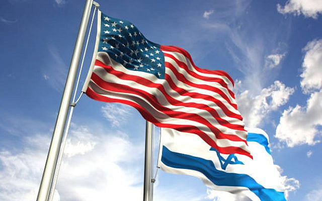 American and Israel flags waving against the sky. American and Israel flags waving against the sky.