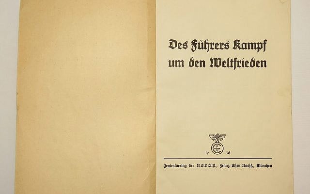 Cover of a pamphlet entitled Des Führers Kampf um den Weltfrieden (“The Führer’s Struggle for World Peace”), published by the German Nazi Party in 1936. Image source: Espenlaub Militaria - 3rd Reich WW2 German & Soviet militaria. Imperial WW1 collectibles (https://aboutww2militaria.com/)
