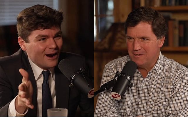 Nick Fuentes (L) is interviewed by Tucker Carlson, October 28, 2025. (Montage of video screenshots)