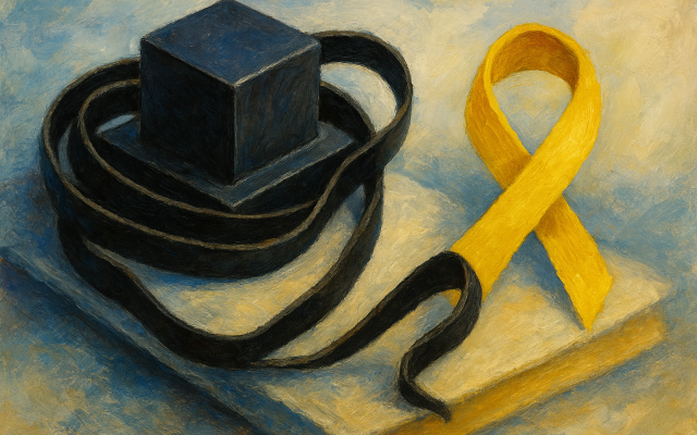 Symbolic digital artwork depicting tefillin and a yellow ribbon, representing faith and hope for the hostages. (Generated with AI)