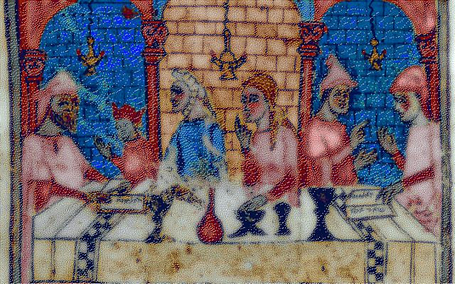 At Rashi’s Seder; image colorized and modified by the author, obtained from Wikimedia Commons, Seder Table, Sister Haggadah, in the public domain. At Rashi’s Seder; image colorized and modified by the author, obtained from Wikimedia Commons, Seder Table, Sister Haggadah, in the public domain.
