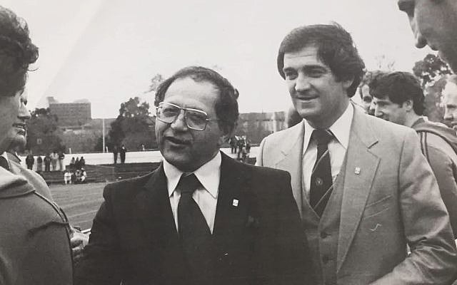 Source: National Football Archive — Description: Michael Weinstein (centre) beside John Dimtsis (right) - Pre game for a Victoria State League match at Chaplin Reserve in 1975