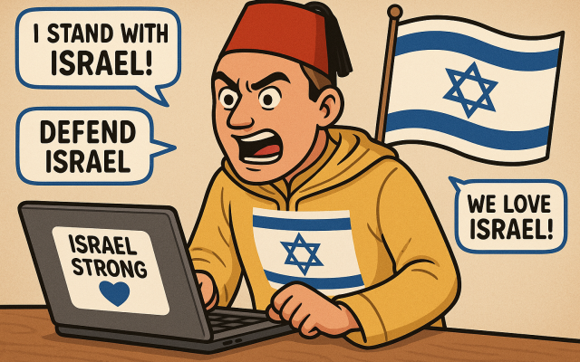 A Moroccan man in traditional attire passionately defending Israel in online debates. (AI generated)