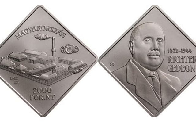 Commemorative coin issued by the Hungarian National Bank for the 150th anniversary of Gedeon Richter’s birth. (Publicly issued, reproduction permitted.)