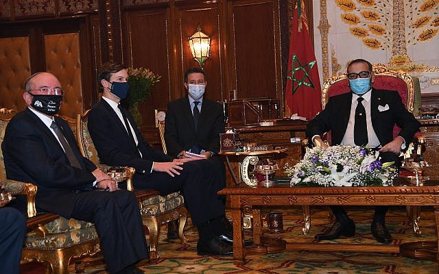 Then-Senior Advisor to the US President Jared Kushner and then-Israel’s National Security Advisor Meir Ben Shabbat led a joint US-Israeli delegation to Rabat on December 22, 2020. In the Moroccan capital, the delegation met with King Mohammed VI and other officials, and also signed various MOUs. Photo credit: David Azagury, US Embassy Jerusalem (Wikipedia)