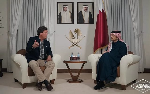 Tucker Carlson interviews Qatar's Prime Minister and Foreign Minister, Sheikh Mohammed bin Abdulrahman bin Jassim Al Thani, on Sunday, December 7, 2025.