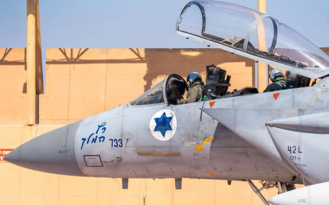 An Israeli Air Force F-15 fighter jet prepares to take off for strikes in Iran, in a handout photo published June 22, 2025. (Israel Defense Forces)