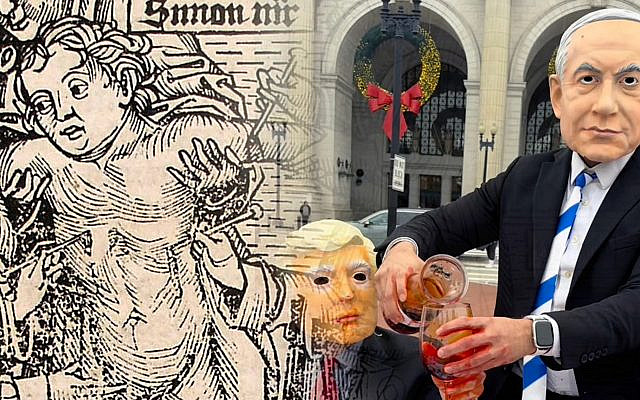 At left, Hartmann Schedel's "Sacrifice of a Christian Child" (1493); at right, a Nov. 20, 2025 demonstration outside Union Station in Washington, D.C. showed U.S. and Israeli leaders eating and drinking the blood and organs of Palestinians in Gaza. (Beloit College; Instagram; JTA illustration by Grace Yagel) At left, Hartmann Schedel's "Sacrifice of a Christian Child" (1493); at right, a Nov. 20, 2025 demonstration outside Union Station in Washington, D.C. showed U.S. and Israeli leaders eating and drinking the blood and organs of Palestinians in Gaza. (Beloit College; Instagram; JTA illustration by Grace Yagel)