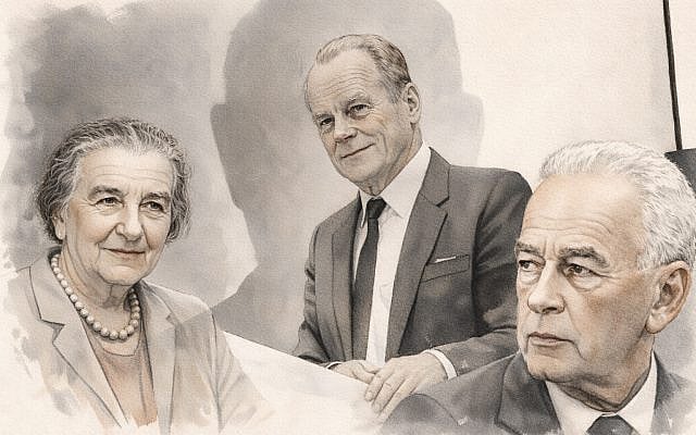 Golda Meir, Willy Brandt, and Yitzhak Rabin. Digital illustration by Sagit Alkobi Fishman, created using AI-assisted tools.