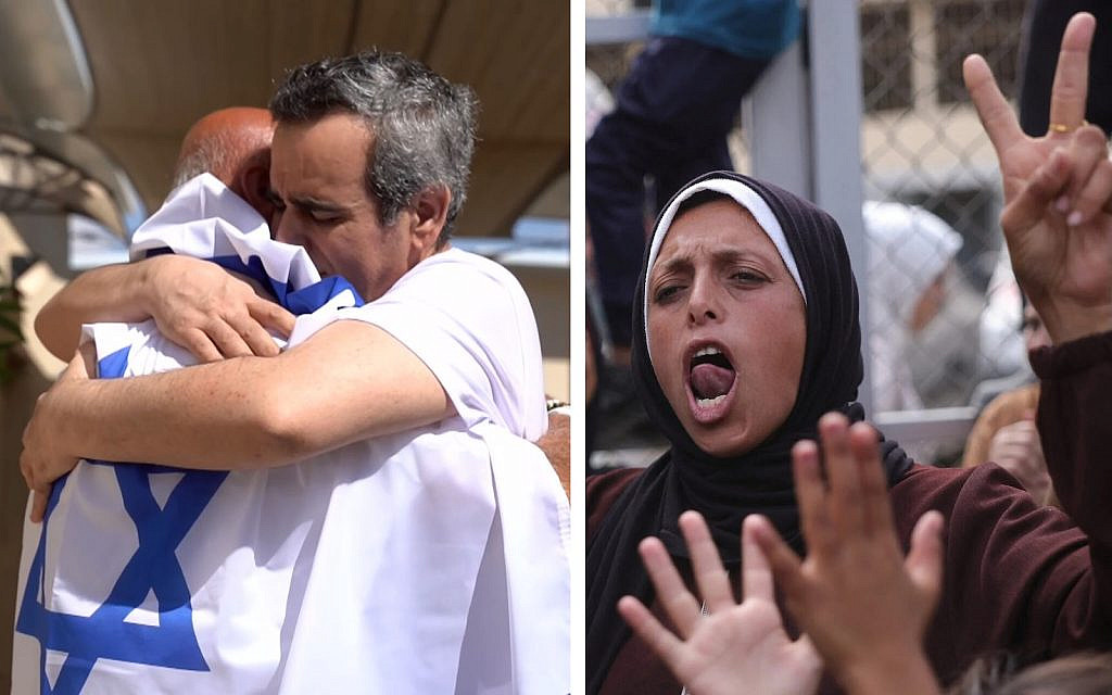 (L)Released hostage Omri Miran reunites with his father Dani after over two years in Hamas captivity, at the Re'im base on October 13, 2025 (IDF); Palestinians celebrate in Deir al-Balah in the central Gaza Strip on October 9, 2025, following news of a new Gaza ceasefire-hostage deal (Bashar Taleb / AFP) (Montage by The Times of Israel)