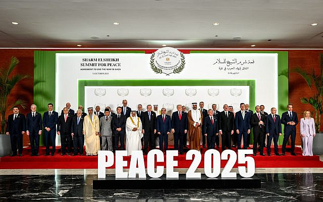 President Donald Trump poses for a family photo with world leaders at the Tonino Lamborghini International Convention Center in Sharm El Sheikh, Egypt, Monday, October 13, 2025, during a summit on ending the war in Gaza and advancing peace in the Middle East. (Official White House Photo by Daniel Torok)