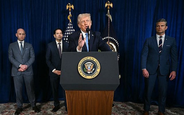 US President Donald Trump, alongside (left to right) Deputy Chief of Staff Stephen Miller, US Secretary of State Marco Rubio, and US Secretary of Defense Pete Hegseth, speaks to the press following US military actions in Venezuela, at his Mar-a-Lago residence in Palm Beach, Florida, on January 3, 2026. (Jim Watson/AFP)