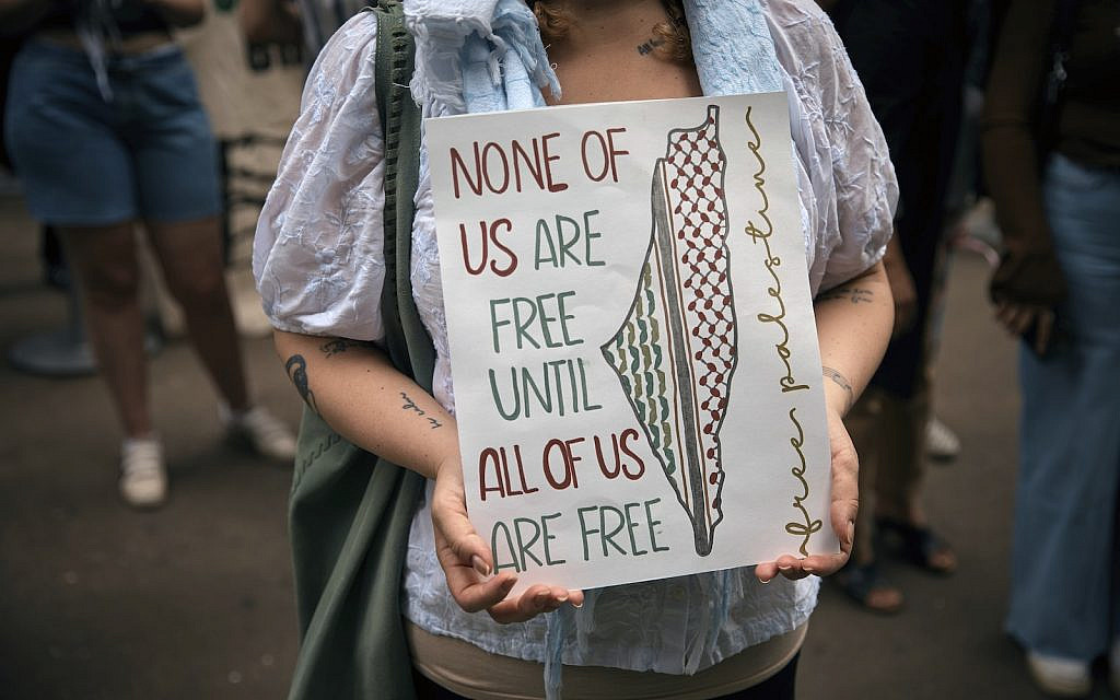 Anti-Israel protestors march during a rally in New York's Times Square on Saturday, May 17, 2025, to commemorate Nakba. (AP/Andres Kudacki)