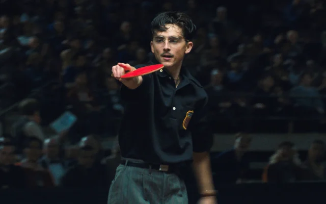 This image released by A24 shows Timothée Chalamet in a scene from 'Marty Supreme.' (A24 via AP)