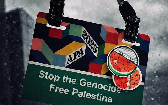 Content image: Original APA 2025 Conference badge with a ribbon and sticker added by the attendee, AI-modified to remove identifying details.